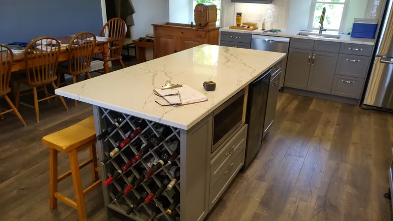 Kitchen island with quartz top and wine rack